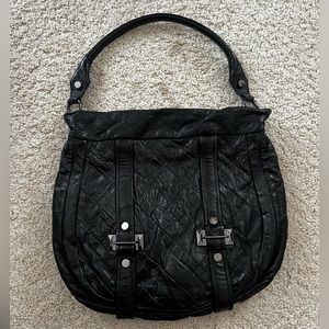 New Treesje bag purse tote hobo black leather distressed quilt handle shoulder